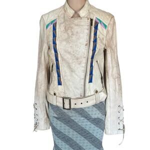 Black Rivet Distressed White Leather Motorcycle Jacket